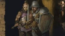 Beware, this Dark and Darker gold exploit will net you a ban: An armored man with a beard standing with a woman in purple with brown hair tied back stands in a dark cavern