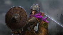 dark and darker return steam: a knight in grey metal armor with a sword and shield, and a purple scarf