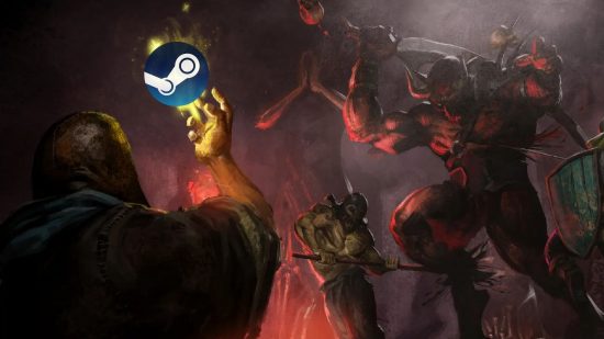 A dark and darker character holds the steam logo as a boss stares at it