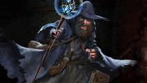 Dark and Darker level up fast: A warlock wears a grey hat and cloak holding a staff