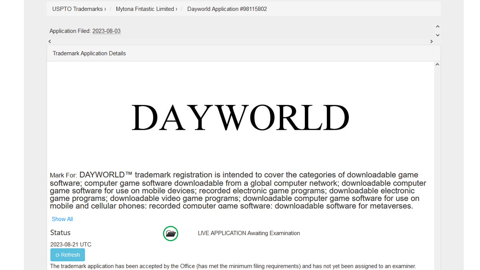 Una solicitud de marca para el nombre Dayworld, para un videojuego. 