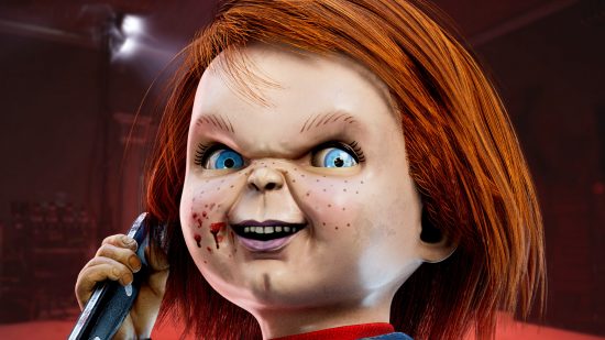 A close up of Chucky's face on a backdrop of the Graden of Joy map in Dead by Daylight.