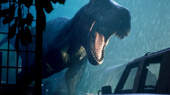 Deathground: A Tyrannosaurus Rex roaring at a car