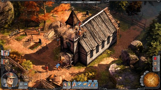 Desperados 3 - Gameplay of a player using a well-placed shot to drop a church bell onto two people outside its front door below in this Wild West RTS game.