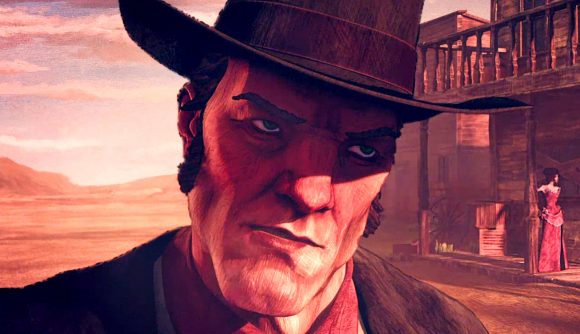 Desperados 3 Steam sale - a thick-jawed man in a cowboy hat stands in the streets of an Old West town, looking mean. A lady in a pink dress stands on the front porch of a building in the distance behind him.