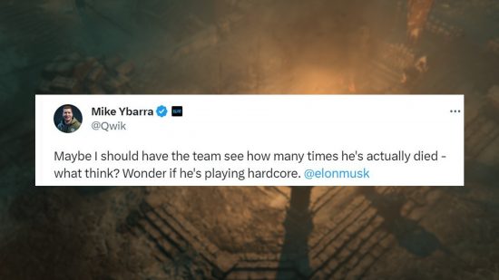 A comment from Blizzard president Mike Ybarra talking about Elon Musk's Diablo 4 death count
