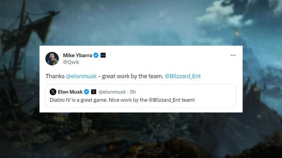 A Twitter conversation between Elon Musk and Blizzard president Mike Ybarra about Diablo 4