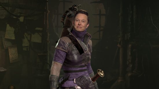 A Diablo 4 Rogue with purple armor, but with Elon Musk's face imposed upon her body