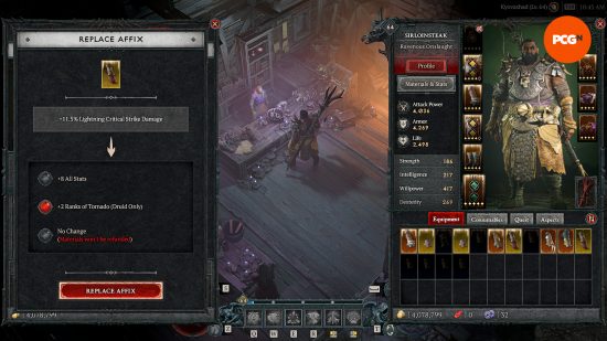 Diablo 4 reroll item priority affixes - a Druid rerolling a pair of gloves at the occultist with the enchant item tool.