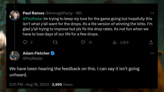 Tasas de caída únicas de Diablo 4: Adam Fletcher de Blizzard responde a un comentario sobre las tasas de caída de los artículos más raros del juego, diciendo: "Hemos estado escuchando los comentarios sobre esto.  Puedo decir que no está pasando desapercibido."