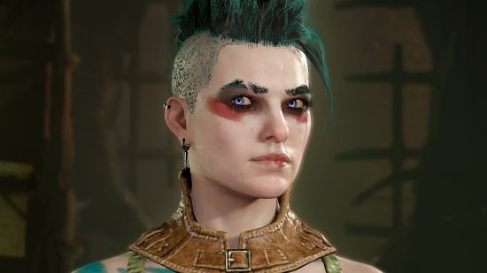 Diablo 4 patch notes 1.1.0 hotfix 5 - A Rogue with a black and teal mohawk gives a side-eye glance.