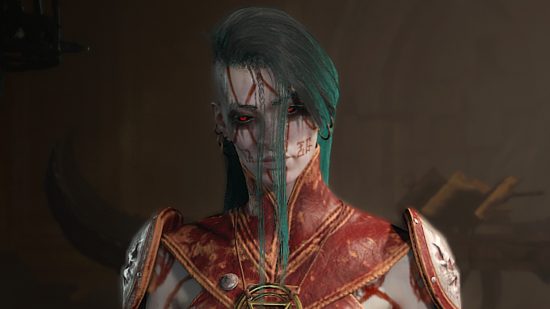 Diablo 4 patch notes 1.1.3 - A teal-haired Necromancer wearing red leather armor, ready for the next Diablo 4 update on August 29. 2023.