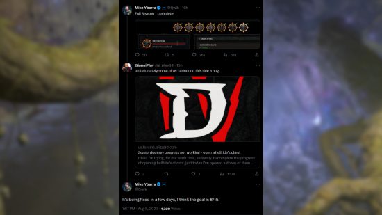 Diablo 4 season journey bug - Blizzard's Mike Ybarra confirms on Twitter that a fix is coming, aimed for August 15.