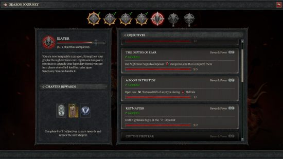 Diablo 4 Season Journey - Menu showing the challenges that must be completed to progress.