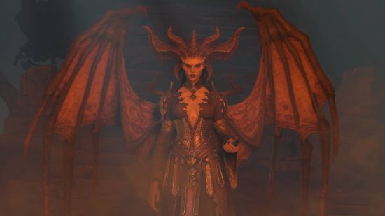 Blizzard boss promises Diablo 4 "surprises" as Season 1 struggles: A demonic woman with huge curled horns and batlike wings stands in a dark cavern lit by red light holding a key