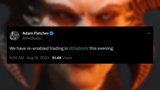 Tweet from Diablo community manager Adam Fletcher: "We have re-enabled trading in #DiabloIV this evening."