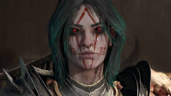 Diablo 4 item reroll priority affixes change - a Necromancer with teal blue hair and glowing red eyes.