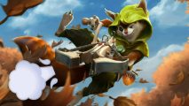 Dota 2 patch notes outline 7.34 update, but it's in emojis: A small bipedal squirrel creature with a crossbow wearing a green hood jumps in the air ready to shoot on a sunny background