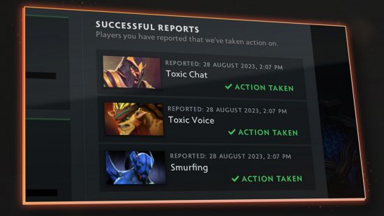 Dota 2 summer client update - the new reporting screen, showing successful actions taken.