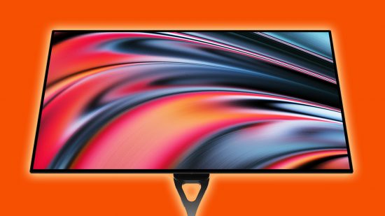 Image of the Spectrum Black 4K 32-inch OLED monitor on an orange background.