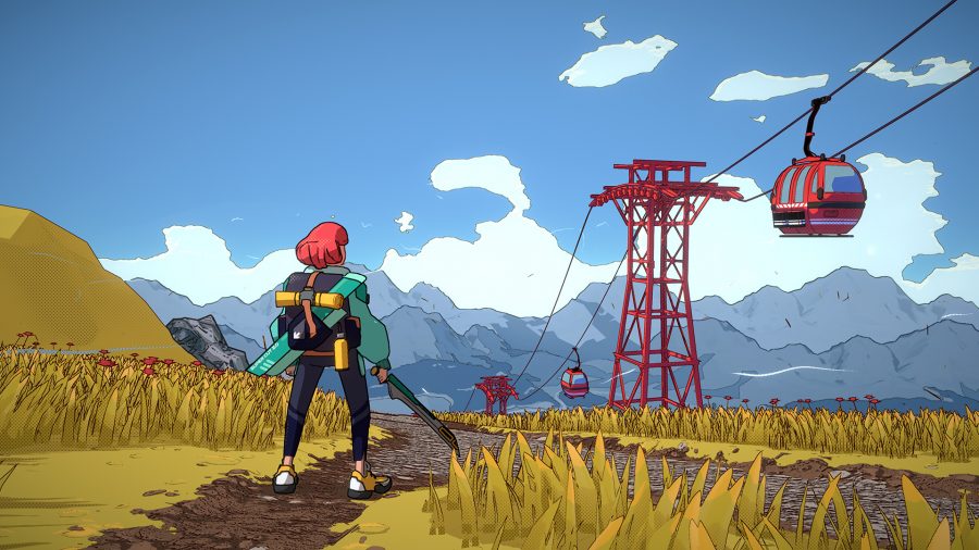 Dungeons of Hinterberg: A ginger woman with a bob cut stands looking at electrical pylons in a field of wheat wearing a green bomber jacket holding a black sword