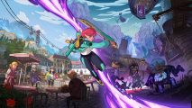 A ginger woman wearing a green jacket and black and greens sports leggings cuts the image in half with a purple energy sword, one half showing an idyllic town square, the other a fiery mountainarea