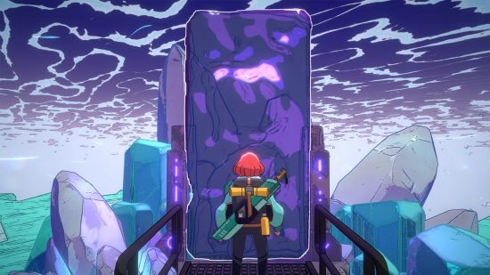 A cartoon image of a woman with a ginger bob and a green jacket with a black backpack and sword stands with her hands on her hips in front of a purple portal in a doorway