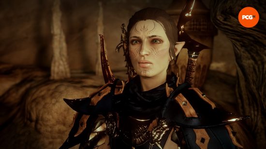 An elf with tattoos on her face and her hair tied back wearing heavy armor with two blades on her back stands in a dark cave