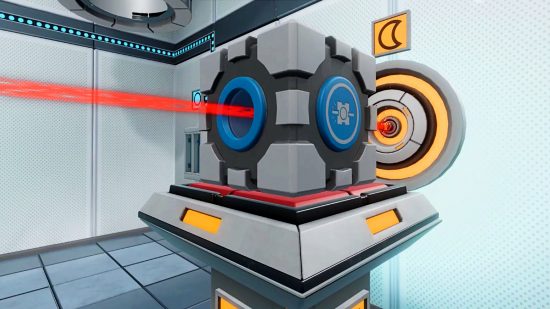 Escape Simulator DLC Portal Escape Chamber - a Companion Cube sits on a pressure plate with a laser shining through the center.