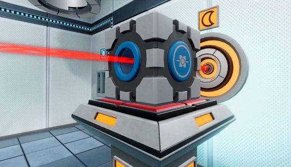 Escape Simulator DLC Portal Escape Chamber - a Companion Cube sits on a pressure plate with a laser shining through the center.