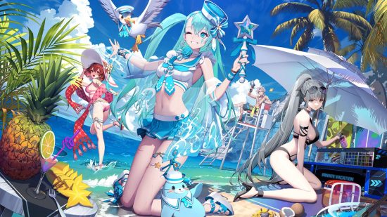 A blue haired anime girl in a bathing suit kneels on a beach holding a star wand with a girl in pink behind her in a rubber ring and a sultry gray-haired girl in a black bathing suit ti her right