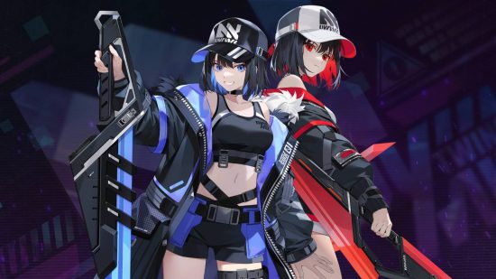 Genshin-style Steam MOBA draws over 20x more players than expected: Two anime girls stand back to back both wearing black cyberpunk street fashion, one has blue inlays, the other red