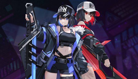 Genshin-style Steam MOBA draws over 20x more players than expected: Two anime girls stand back to back both wearing black cyberpunk street fashion, one has blue inlays, the other red