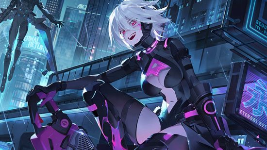 A white haired girl with glowing pink eyes and sharp teeth wearing a skin tight cyberpunk outfit in a futuristic city sitting on a rooftop