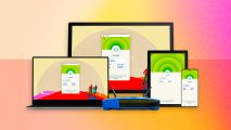 ExpressVPN devices and apps - ExpressVPN on a laptop, tablet, phone and router on a bright bakcground