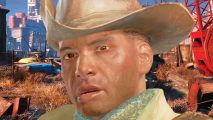Fallout Deathclaw: Preston Garvey from Bethesda RPG game Fallout 4 wears a concerned expression
