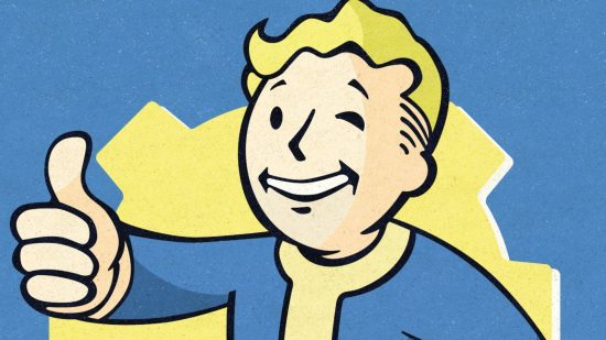 Fallout 4 DRM free: A smiling cartoon character, Vault Boy from Bethesda RPG game Fallout 4
