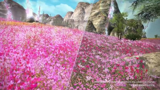FFXIV Dawntrail release date - side-by-side screenshot showing increased foliage density and color vibrancy in the new graphics update.