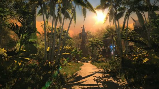 FFXIV Dawntrail release date - a settlement in the jungle region of Yak T'el, lihgt filtering through to a clearing among the trees.