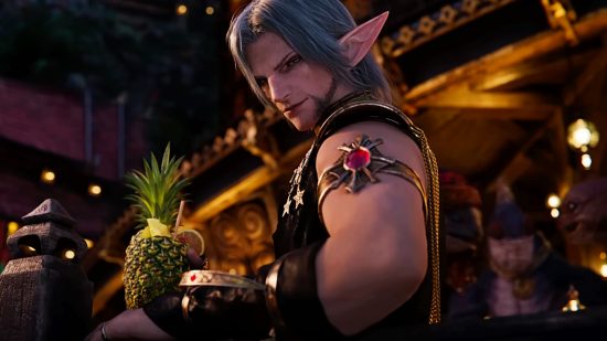 FFXIV Dawntrail release date - Urianger relaxes at an outdoor bar with a cocktail in a pineapple.