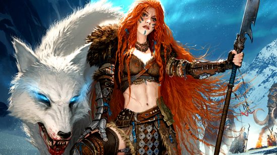 Grim Dawn Fangs of Asterkarn - A red-headed warrior in Norse-style Berkserker armor stands with a giant, white wolf in the next expansion for the Diablo-style dark fantasy ARPG.
