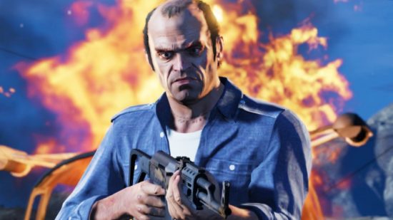 GTA 5 mod: A criminal holding an assault rifle, Trevor from Rockstar sandbox game GTA 5