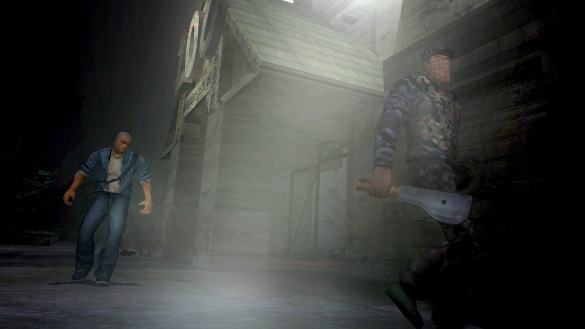 GTA 6 Manhunt 3: James Earl Cash acosa a un hombre que sostiene un machete en el juego de terror de Rockstar Manhunt