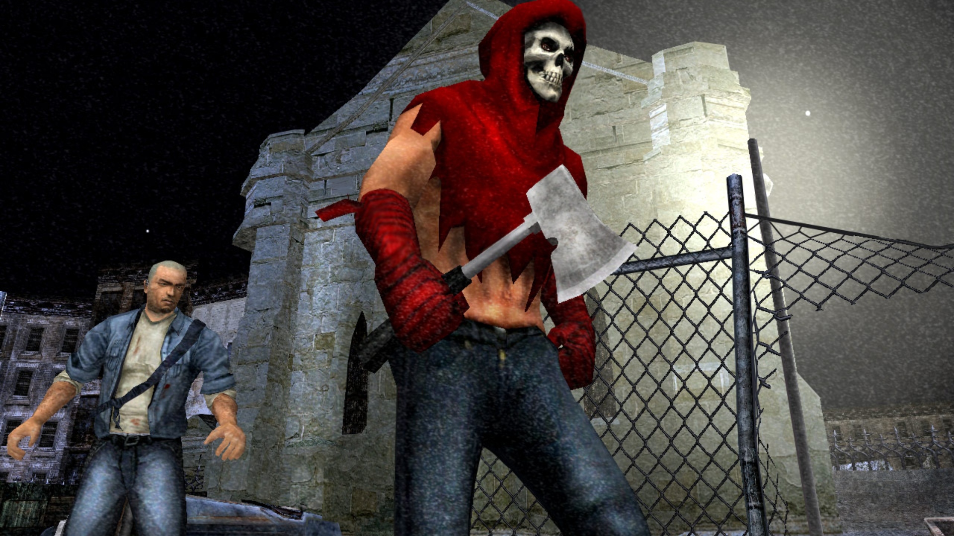 GTA 6 Manhunt 3: un hombre vestido de rojo que lleva un hacha es acechado por James Earl Cash del juego de terror de Rockstar Manhunt