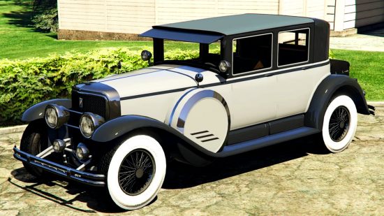 GTA Online weekly update - the Albany Roosevelt Valor, a two-tone black and white car based on Al Capone's Cadillac Sedan.