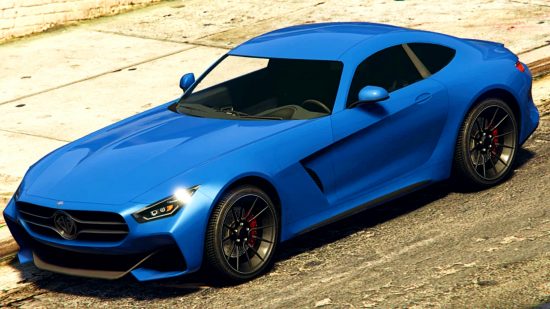 GTA Online weekly update - A blue Benefactor Schlagen GT, based on the real-life Mercedes-AMG GT.