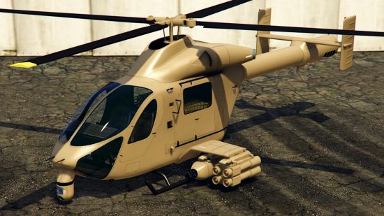 GTA Online weekly update August 10 2023 - The Buckingham Weaponized Conada, a tan-colored military attack helicopter.