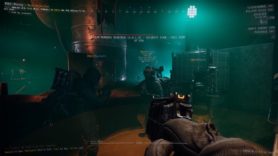 GTFO - A player and their team move through a dimly-lit space, looking for danger.