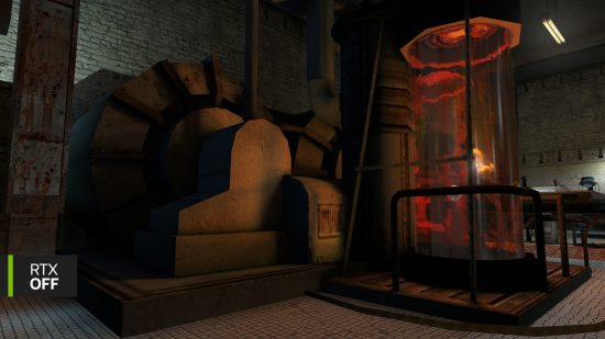 A screenshot from Half-Life 2, in which a generator (left) and vat of liquid (right) are showcased