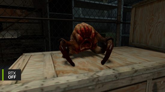 A screenshot from Half-Life 2, in which a headcrab sits atop a cardboard box